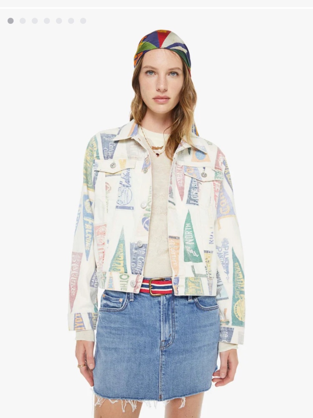 MOTHER Cream Jacket with Multi-Color Pennant Print Rally Jacket